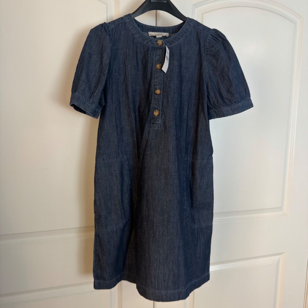 Loft Womens Denim Shift Dress Dark Wash Puff Sleeve Button Front Size M NWT